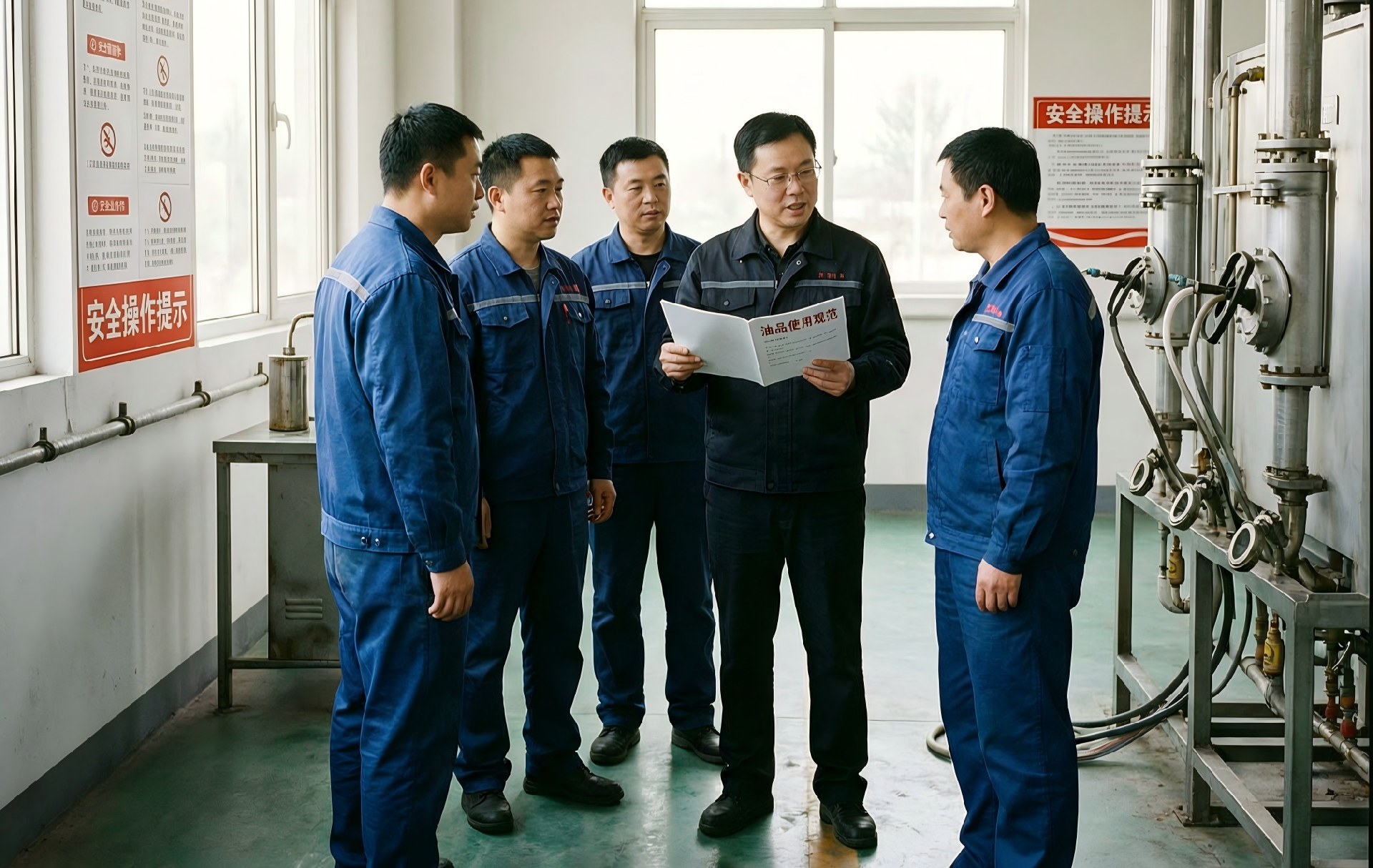 Wan_图片生成_提示词 2（免费技术 & 培训服务）_适用场景：技术培训、远程指导、现场教学配图_提示词：工厂运维人员围站交流，技术讲师手持资料讲解油品使用规.png